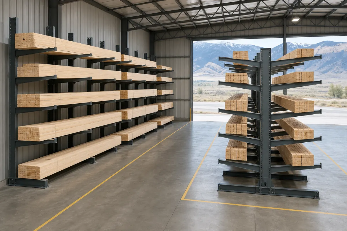 Single-sided cantilever racking mounted along a warehouse wall on the left and a freestanding double-sided cantilever rack on the right, both loaded with dimensional lumber, separated by a yellow-striped aisle