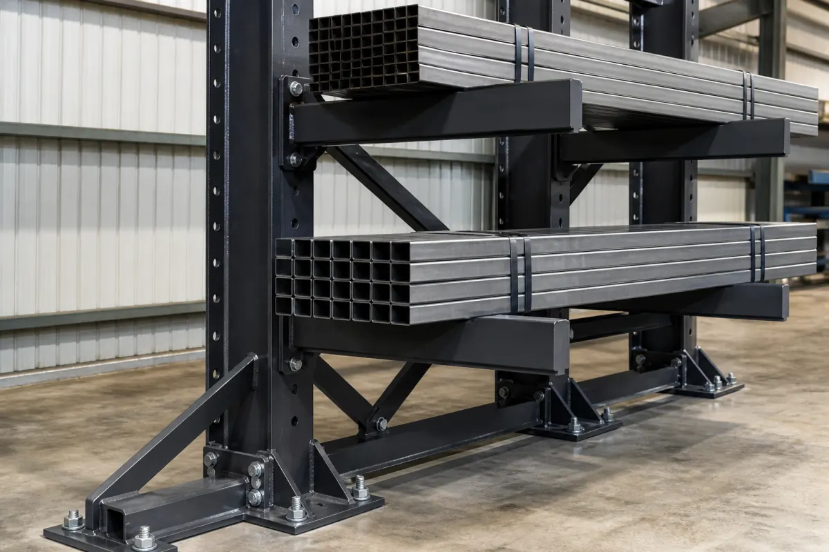 Close-up of a structural cantilever rack base showing bolted arm connections, welded gusset bracing, and steel base plates anchored into a concrete slab, loaded with bundles of square steel tube and flat bar