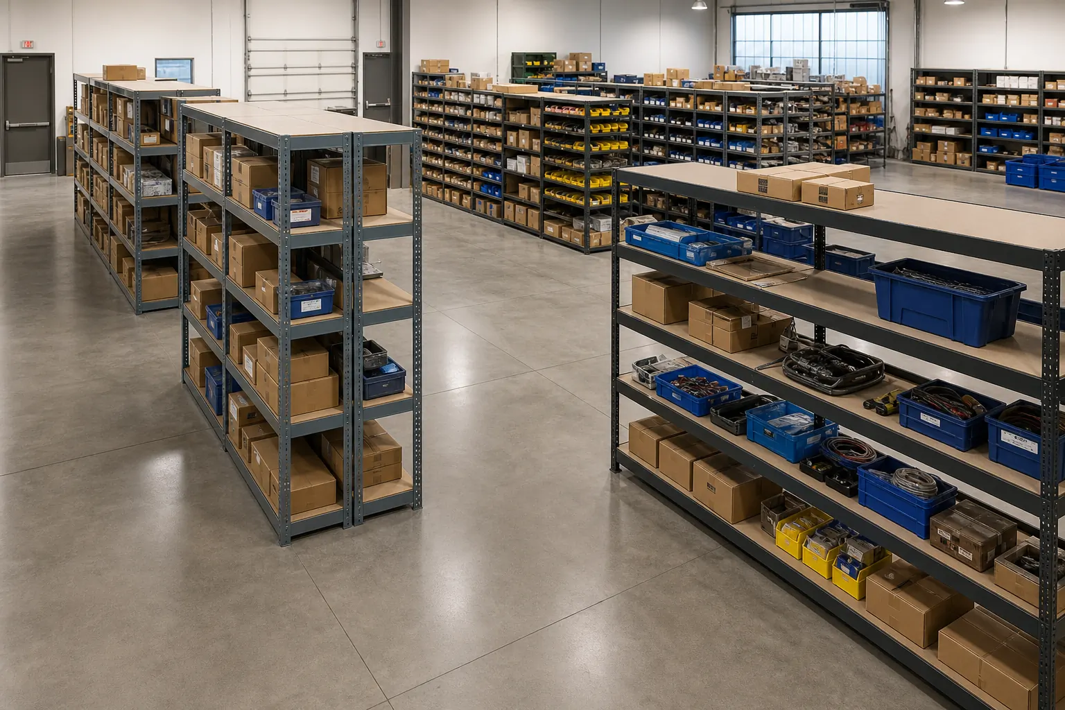 Industrial parts room with rows of gray boltless steel shelving holding cartons, blue and yellow parts bins, and labeled totes on a sealed concrete floor