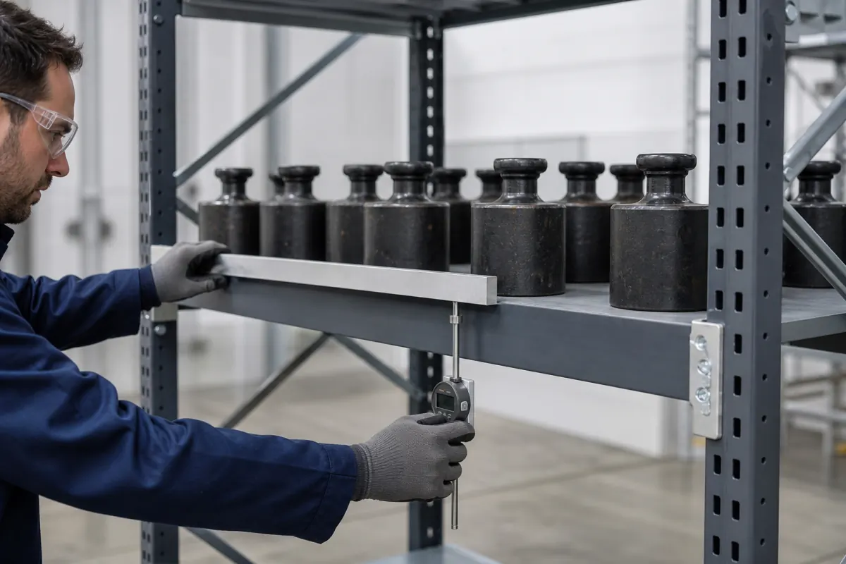 Technician in safety glasses checking shelf deflection with a straightedge and dial indicator under a shelf loaded with calibrated test weights