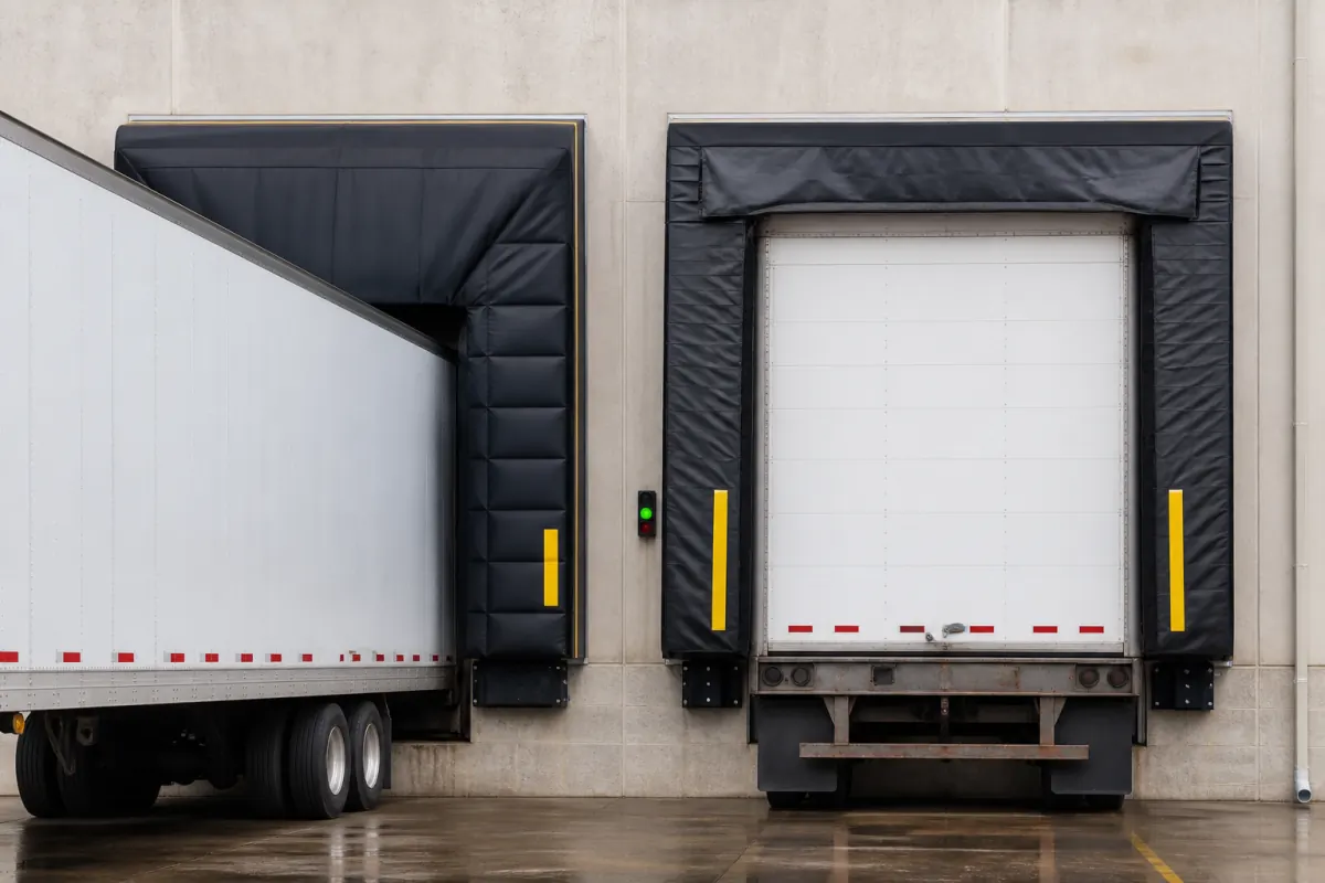 Two dock positions side by side: a trailer compressed into black foam dock seals on the left, and an open door framed by a fabric dock shelter on the right