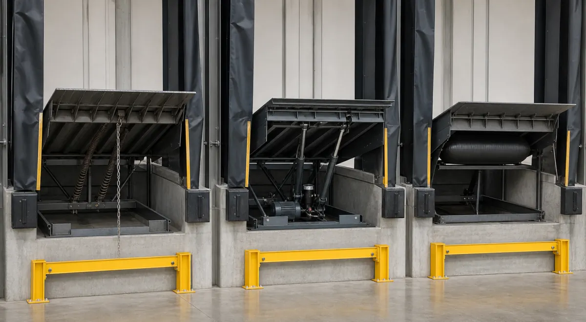 Three dock levelers shown raised side by side with their mechanisms exposed: a spring and pull-chain mechanical unit, a hydraulic unit with cylinders and power unit, and an air-powered unit with inflatable bag, behind yellow dock guards