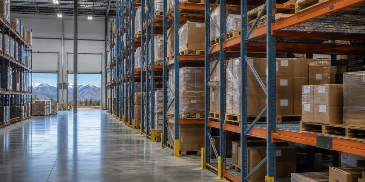 Selective pallet racking with blue uprights and orange beams holding shrink-wrapped palletized cartons in a Mountain West distribution warehouse