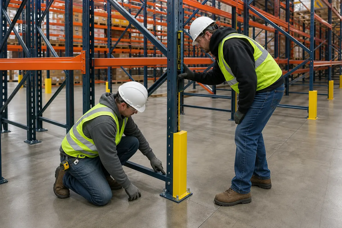 Two warehouse workers in hard hats and high-visibility vests checking a pallet rack upright, one kneeling at the anchored base plate and one holding a level against the column