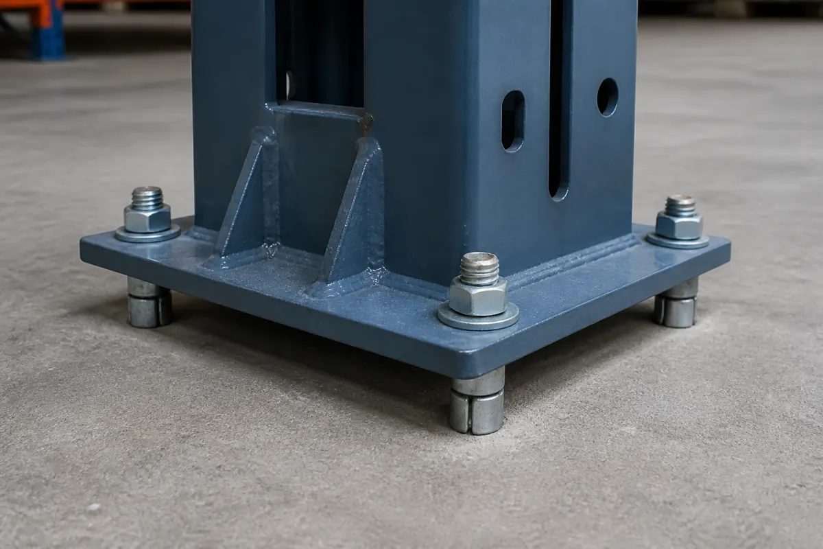 Close-up of a heavy pallet rack base plate with welded gusset reinforcement, fastened to a concrete slab with four expansion anchor bolts