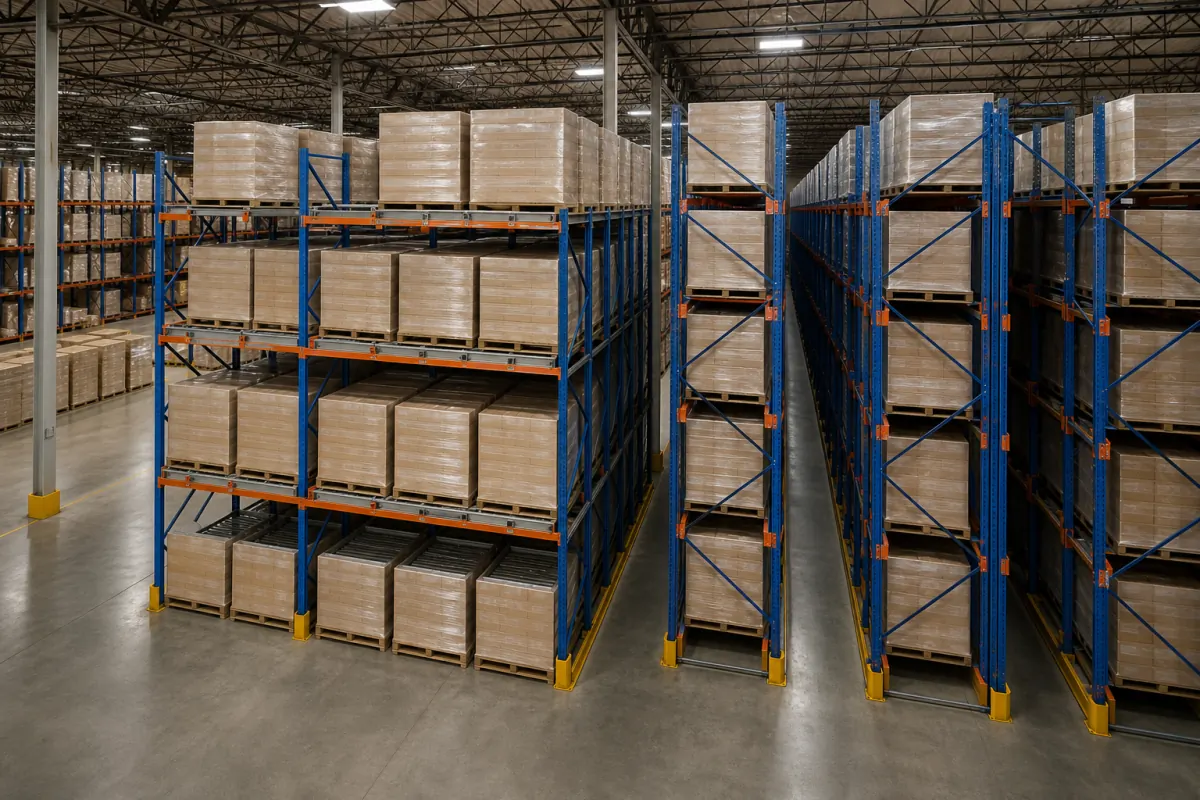 High-density pallet racking in a warehouse with push-back rails on the left block and tall drive-in racking lanes on the right, stored several pallets deep with narrow aisles